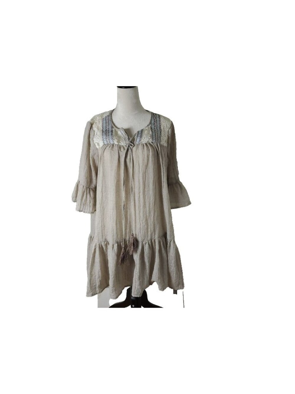 Soieblu Size Medium Tunic Lace Dress Crepe Bell Sleeve Sage Ruffles